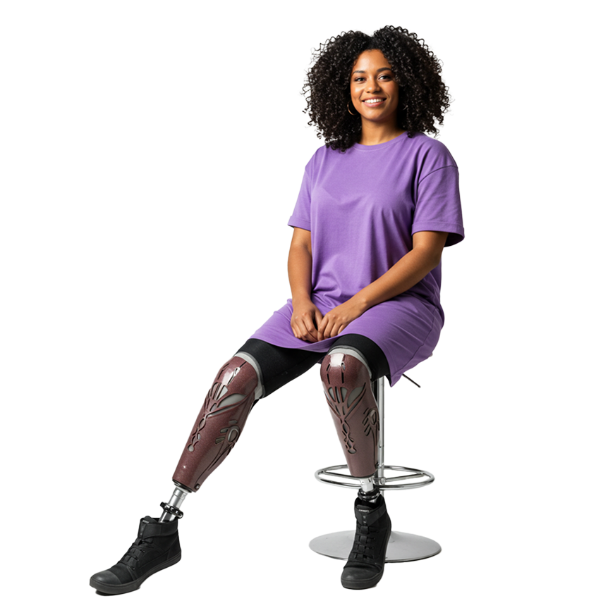 Mulher sorrindo, com duas próteses de perna, vestindo camiseta roxa e sentada em um banquinho