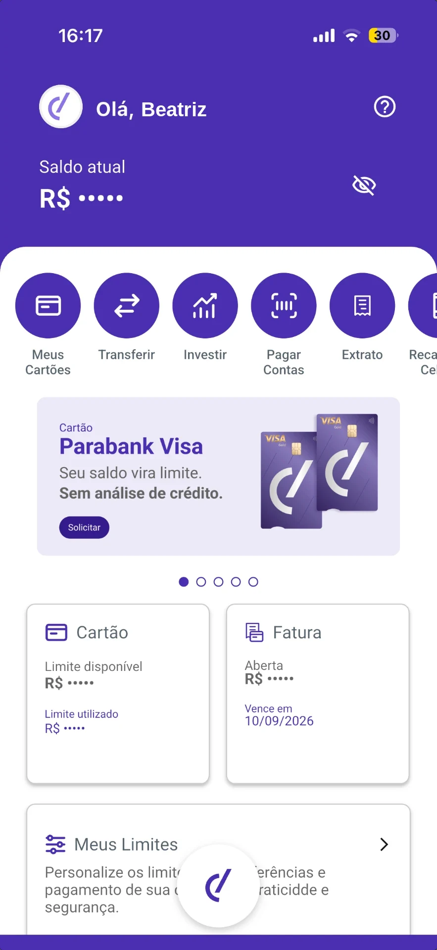 Tela inicial do aplicativo do Parabank já logado, com saudação Olá, Beatriz, saldo, atalhos para Pix, pagar, transferir, recarregar celular, doar, bloquear cartão, e cartão de crédito com limite e fatura