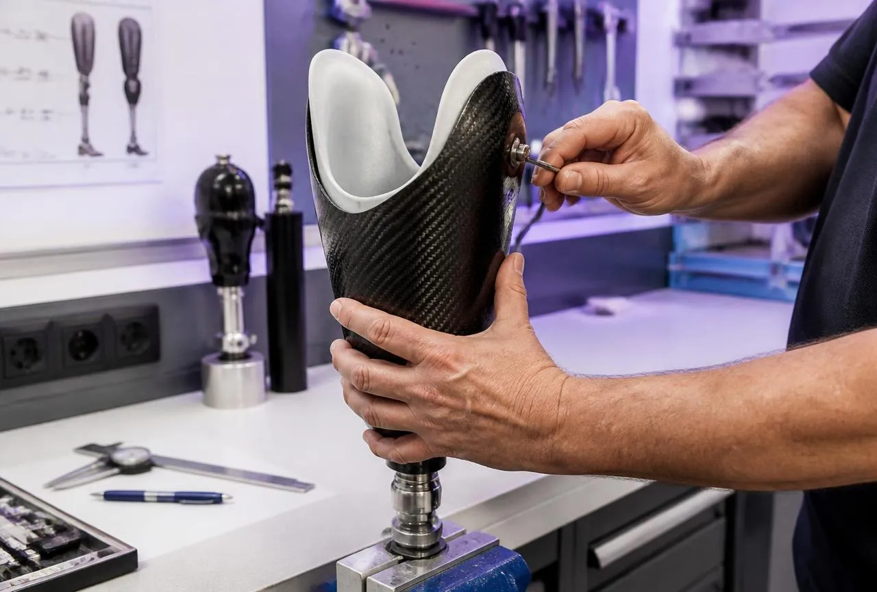 Técnico ajustando um encaixe de prótese personalizado em uma bancada de laboratório